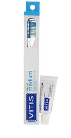 Зубна щітка VITIS MEDIUM синя, середньої жорсткості + паста VITIS WHITENING, 15 мл (DENTAID)