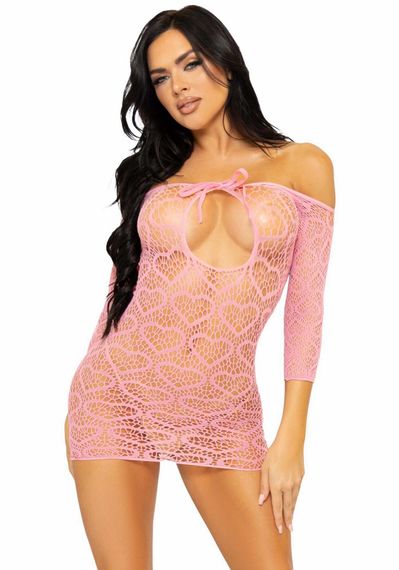 Сукня-сітка з сердечками Leg Avenue Heart net mini dress Pink, зав’язки, відкриті плечі, one size | Зображення 3