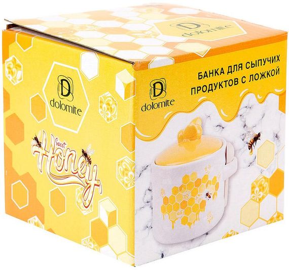 Керамічна банка-медовниця з дерев'яною ложкою "Sweet Honey" 450мл, біла з жовтим | Зображення 1