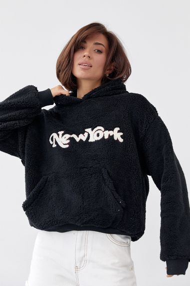 Женское худи с экомеха и надписью New York - черный цвет, S (есть размеры) | Зображення 5