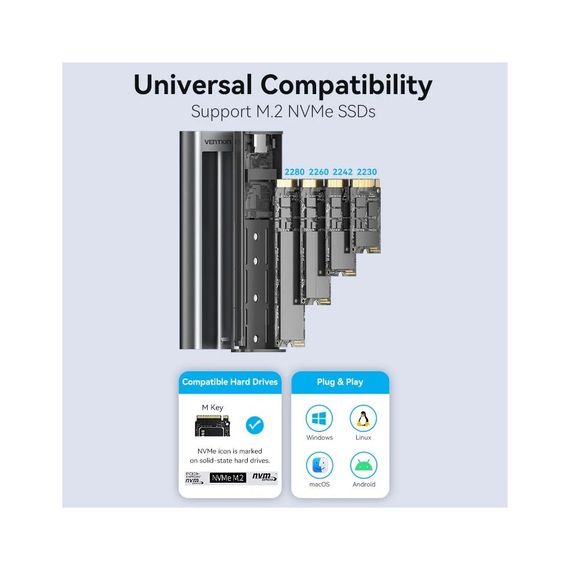 Карман внешний Vention SSD M.2 (NVME) M-key USB Type-C 3.2 10Gbps Heat Sink Aluminum (KPKH0) | Зображення 5