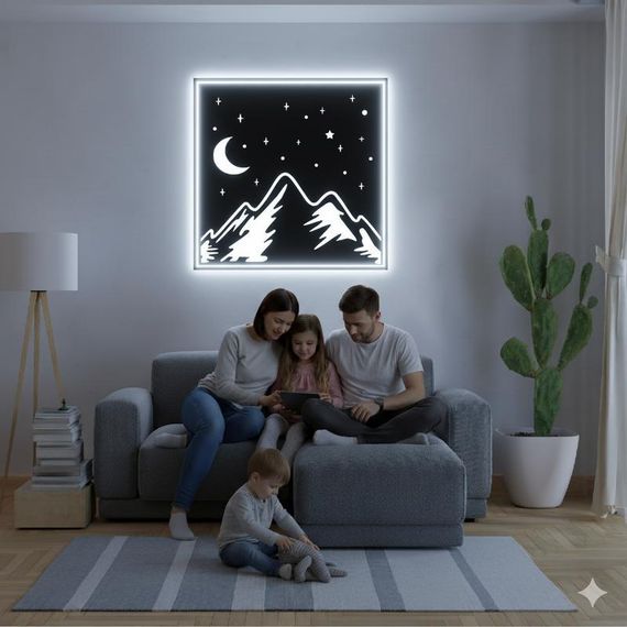 Панно декоративная картина на стену Горы и луна LED подсветка 400х400 acr-p000129