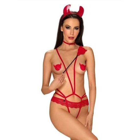 Костюм дияволиці Obsessive Evilia teddy red L/XL 4 предмети