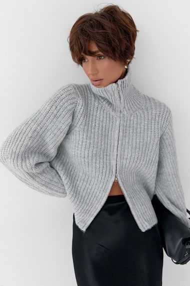 Кардиган на блискавці з крупної в'язки - сірий цвет, ONE SIZE (є розміри) | Зображення 4