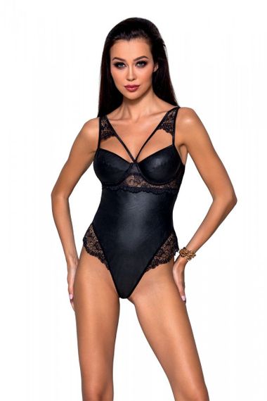 Боди из эко-кожи и кружева Passion Loona Body, Черный, S, M, S/M, Маленький размер
