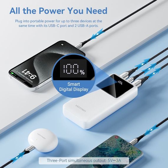 УМБ Vention 20000mAh 22.5W 3A,PD,QC 3.0, Micro-USB,USB-C,2xUSB-A, LED Display White | Зображення 1