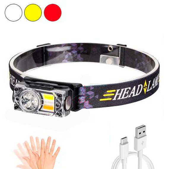 Налобный фонарь YY-19B, 3SMD+2COB, красный, желтый, белый, датчик движения, АКБ Li-Ion, магнит, ЗУ Type-C