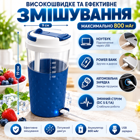 Електричний шейкер 500 мл акумуляторний синій з USB Type-C, автоматичним змішуванням, соломинкою для протеїну та коктейлів | Зображення 3