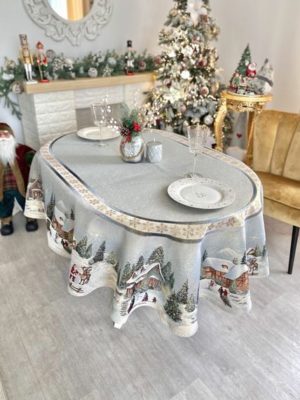 Скатертина гобеленова овальна OVAL723 Різдво в Карпатах Limaso, 160x220, Овальна, Новорічний, Золотий люрекс, 70% поліестер, 23% бавовна, 3% акрил, 4% металеве волокно, Гобелен | Зображення 5