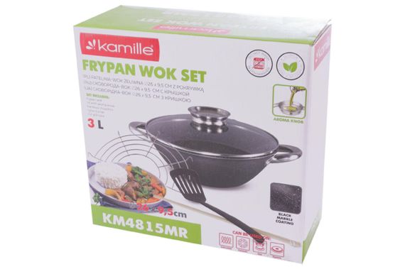 Сковорода-wok чугунная Kamille - 320 мм x 4,5 л мрамор с крышкой (4807MR) | Зображення 5
