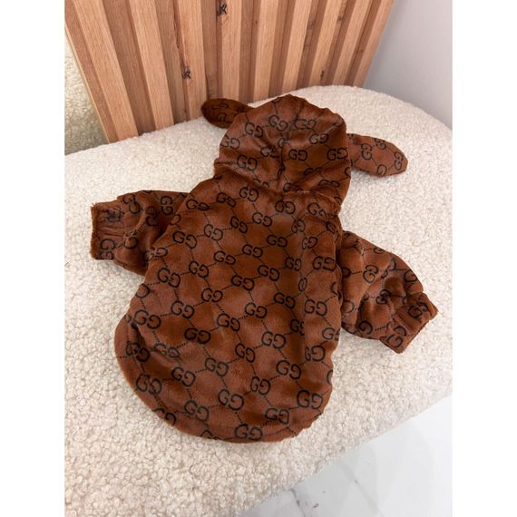 Брендовая шуба для собак GUCCI на змейке с ушками на  капюшоне на шелковой подкладке , коричневая | Зображення 2