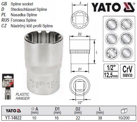Головка торцева SPLINE 1/2" M10х38 мм Польща YATO YT-14822