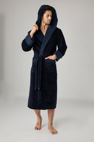 Чоловічий однотонний халат велюровий Nusa 2805 з капюшоном, темно-синій 2XL