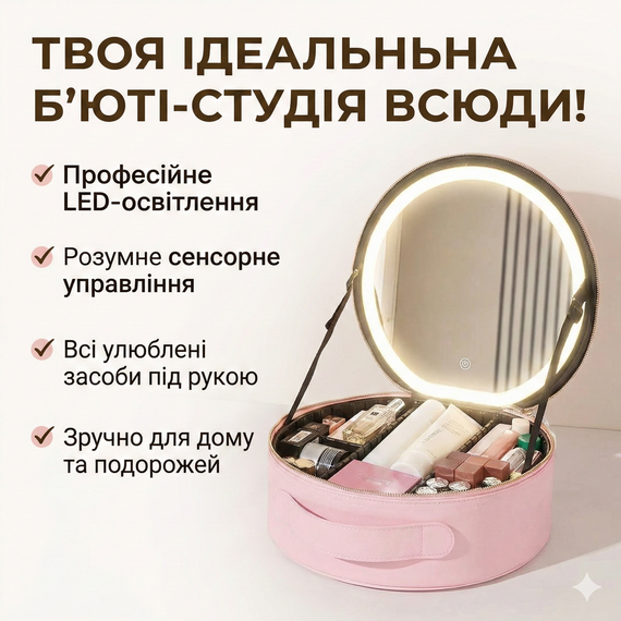 Портативний органайзер для косметики з LED XL-1643 дзеркалом і сенсорною підсвіткою Beauty Travel Case