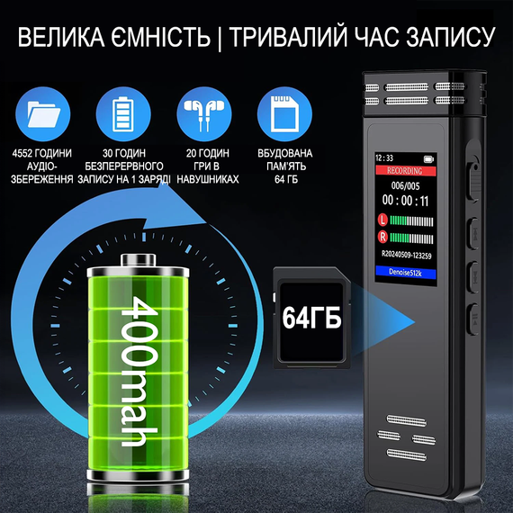 Професійний цифровий диктофон з активацією голосом Savetek GS-R77, 64 Гб, до 30 годин запису | Зображення 2