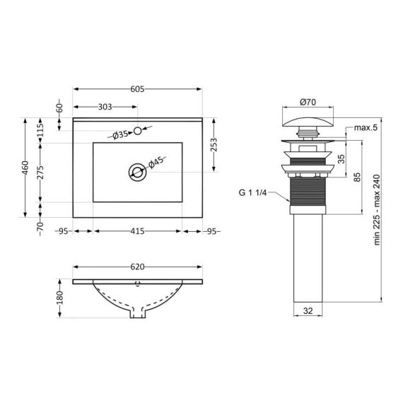 Комплект Albatross: Раковина врізна меблева 620x460x180 мм, White, прямокутна + Донний клапан Pop-up PU02O | Зображення 1