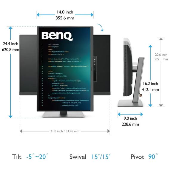 TFT 24.1" BenQ RD240Q, WQXGA, 16:10, USB-C, HDMI, DP, HAS, Pivot, колонки, темно-сірий | Зображення 5