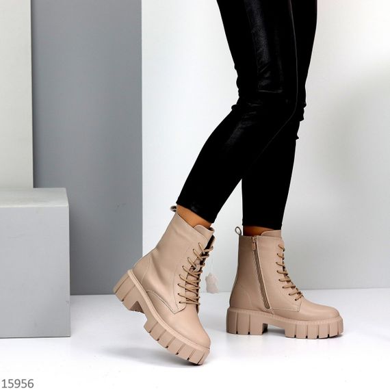 Круті зимові бежеві шкіряні черевики берці супер ціна | Зображення 7