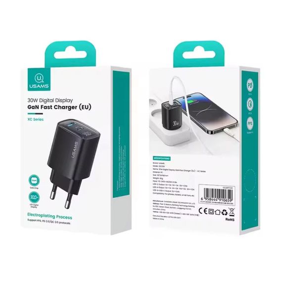 СЗУ Usams US-CC229 GaN Digital Display XC Ser. 30W (1USB-A/1C) Black | Зображення 4