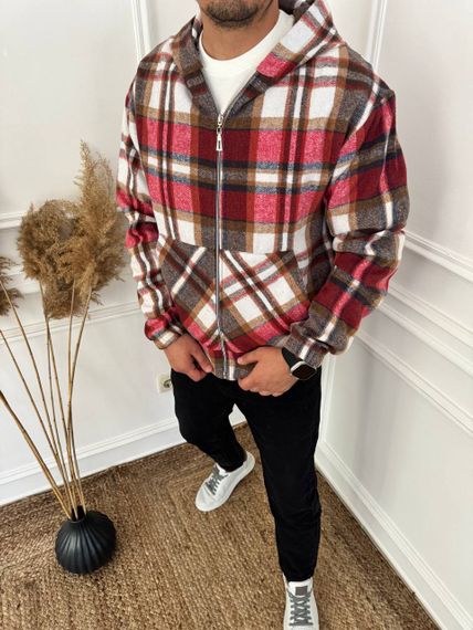 Тепла чоловіча байкова сорочка в клітку на блискавці з капюшоном розмір 52/54 колір червоний adl1004 | Зображення 1