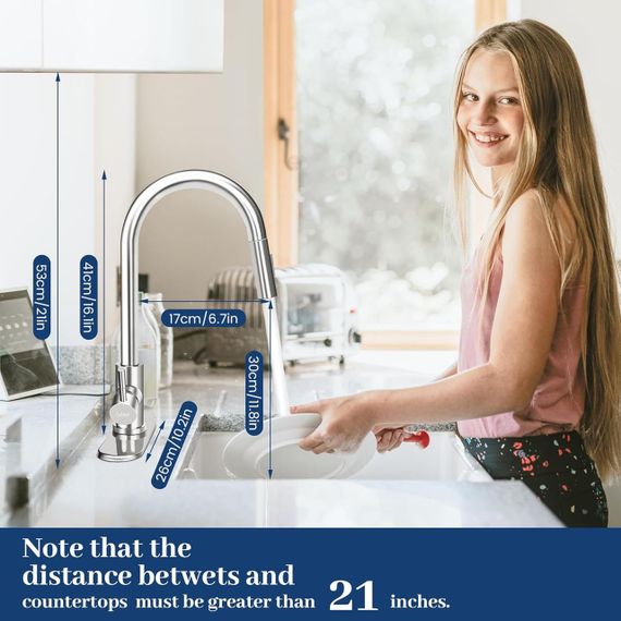 Змішувач для кухні з висувним шлангом та розпилювачем, нержавіюча сталь, обертання 360°, гнучкий кухонний змішувач для раковини | Зображення 4