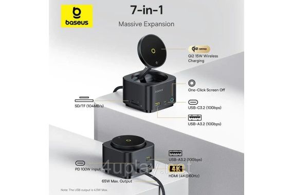 Беспроводное зарядное устройство Baseus MagPro Series II 7-in-1 USB-C Hub with 15W Qi2 Wireless Charger | Зображення 8