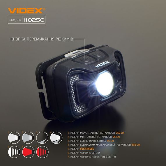 Ліхтарик LED налобний 310Lm 5000К чорний VLF-H025C Videx | Зображення 5