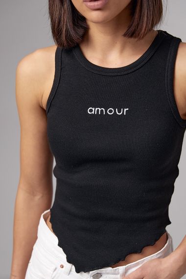 Женская майка в рубчик с асимметрией и надписью Amour - черный цвет, L (есть размеры) | Зображення 3