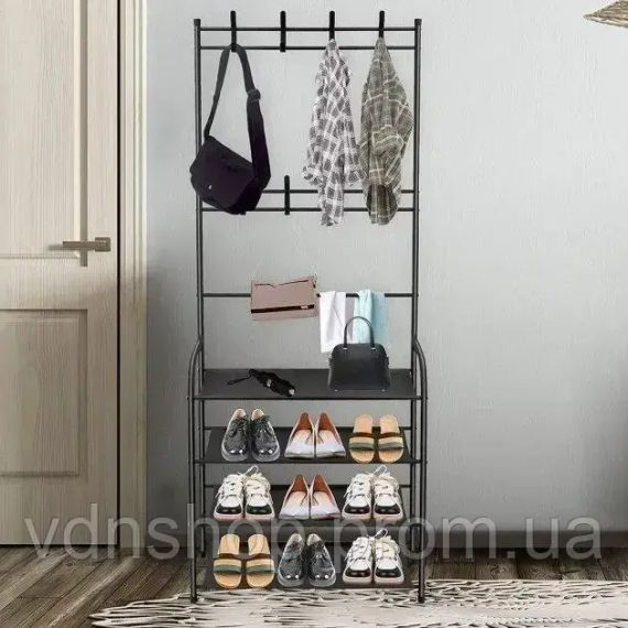 Залізна вішалка для одягу + підставка для взуття, 2 в одному, 4 полиці "Multi-functional shoe and hat rack" Чорна | Зображення 2