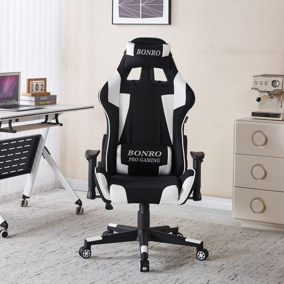 Крісло геймерське з тканини Bonro Бонро B-142 чорно-біле + 2 подушки (42401118) | Зображення 2