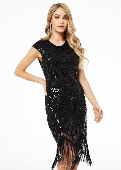 Платье в стиле 20-х коктейльное с аксессуарами женский ретро образ Гэтсби Чарльстона для Хэллоуина выступления | Зображення 1