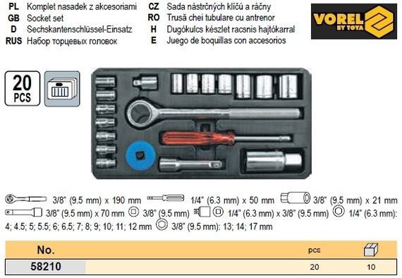 Набор головок торцевых Польша 1/4" 3/8" 20 штук VOREL-58210