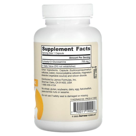 Ацетилглюкозамін, NAG, Jarrow Formulas, 700 мг, 120 капсул | Зображення 1