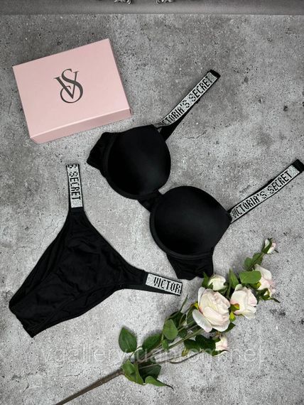 Женское нижнее белье Виктория Сикрет, Сексуальный комплект белья со стразами Victoria`s Secret черный Черный, 80B