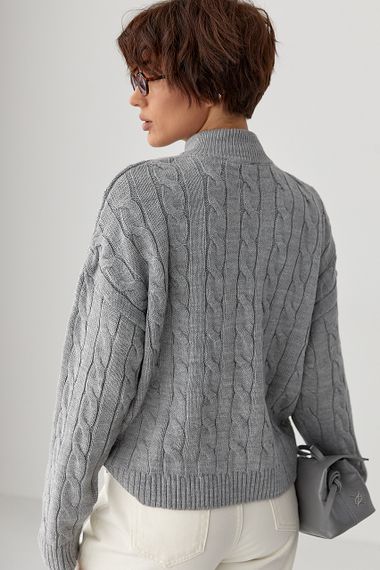 В'язаний светр в косички з блискавкою на горловині - сірий цвет, ONE SIZE (є розміри) | Зображення 1