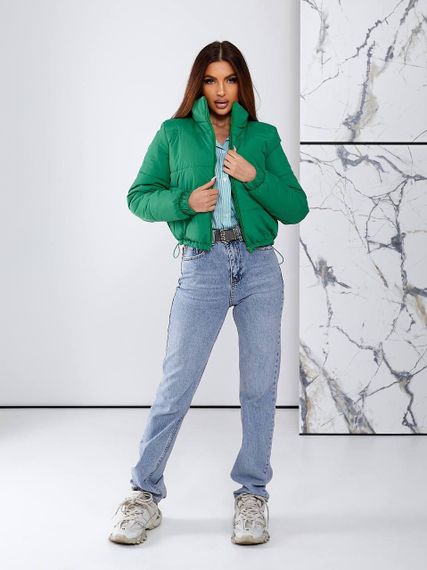 Женская короткая легкая весення куртка на молнии без капюшона  CU377 цвет зеленый, размер 42/44 | Зображення 1