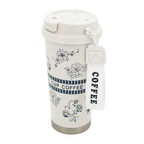 Термокухоль пластиковий Merlion Coffee, з трубочкою, об'єм 500мл., колба з нержавіючої сталі, біла з сірим