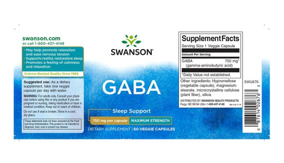 Аминокомплекс Swanson GABA Maximum Strength 750 mg 60 Veg Caps | Зображення 1