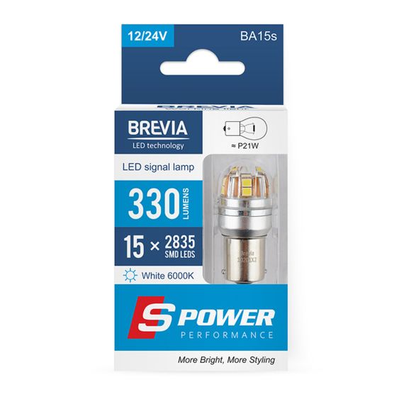 10201X2 BREVIA Лампа світлодіодна Brevia S-Power P21W 330Lm 15x2835SMD 12/24V CANbus, 2шт.