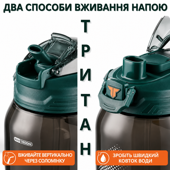 Бутылка TKK 2000 мл - Зеленая Tritan BPA-free, ударопрочная, спортивная с практичным ремешком | Зображення 6