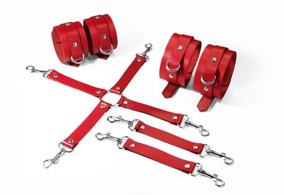 Набір для БДСМ 3 в 1 Feral Feelings BDSM Kit 3 Red, наручники, поножі, хрестовина