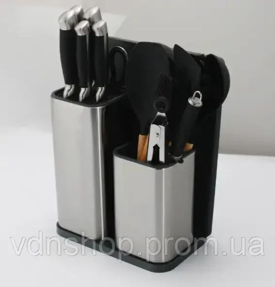 Набір ножів та кухонне начиння лопатки для кухні 17 в 1 дошка для нарізки на потрійній підставці, ножиці з напилком для | Зображення 4