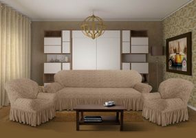 Жаккардовый чехол на диван + 2 кресла с юбкой Бежевый