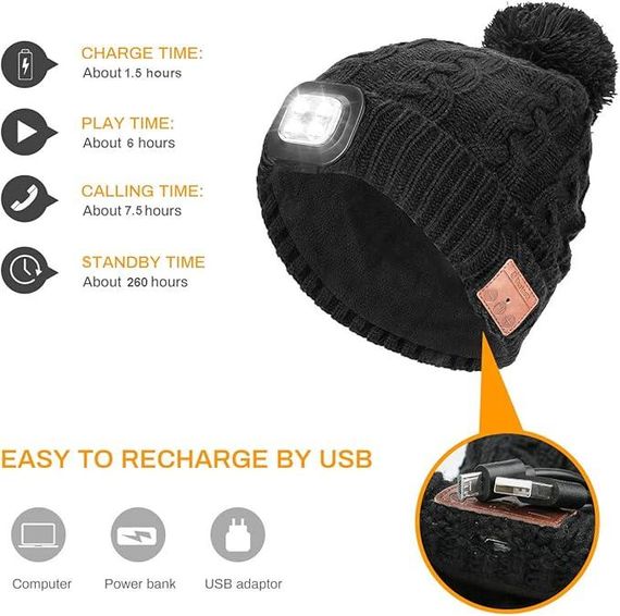 Беспроводная музыкальная шапка Powcan с Bluetooth 5.0 и светодиодной подсветкой | Зображення 5