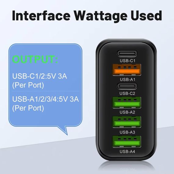 Блок питания, сетевое зарядное устройство 65 Вт, 4-USB+2-Type-C, адаптер для зарядки YEllow | Зображення 1