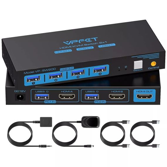 HDMI KVM перемикач 2 ПК 1 монітор Підтримка 4K@60 Гц USB 3.0 KVM перемикачі для 2 комп'ютерів (vp-sw200)