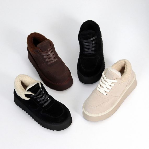 Чорні кросівки уггі натуральна замша + бежеве хутро Тедді | Зображення 9