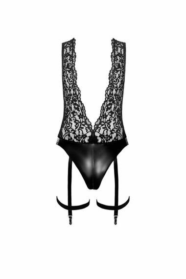 Боді Noir Handmade F297 Libido, M, чорне, мереживо, низ під латекс, відкритий доступ, гартери Sex Aura | Зображення 4