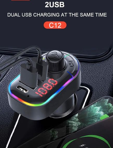 FM трансмиттер модулятор C12 с Bluetooth 5.0 Автомобильная двойная USB зарядка Черный | Зображення 3