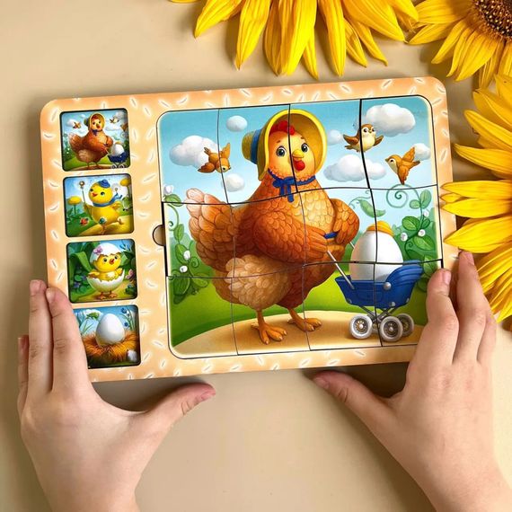 Дерев'яна настільна гра "Етапи розвитку курочки" Ubumblebees (ПСФ018) PSF018 сортер-пазл | Зображення 2